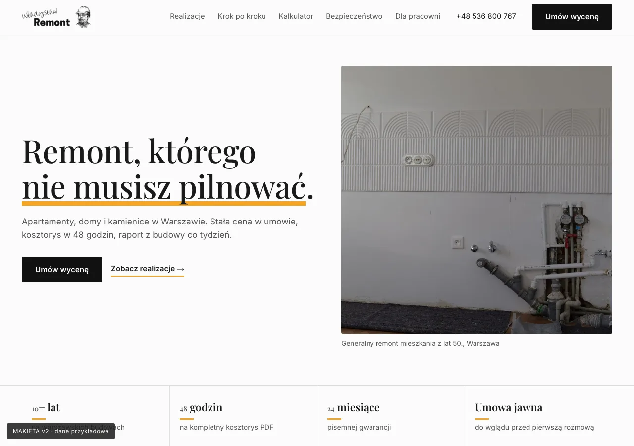 Makieta v2 strony firmy remontowej: jasny układ ze zdjęciem po prawej